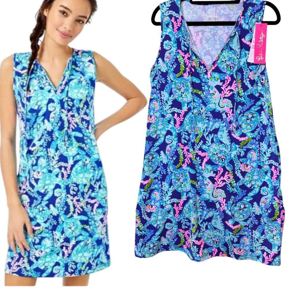 LILLY PULITIZER BLUE CORSICA VILA‎ TURLE PRINT DRESS SMALL NWT